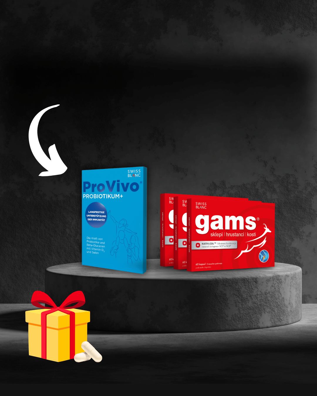 Izdelka ProVivo in Divokoza sta postavljena na okrogli podlagi s temnim ozadjem, ob njima pa sta darilna škatlica in dve kapsuli.