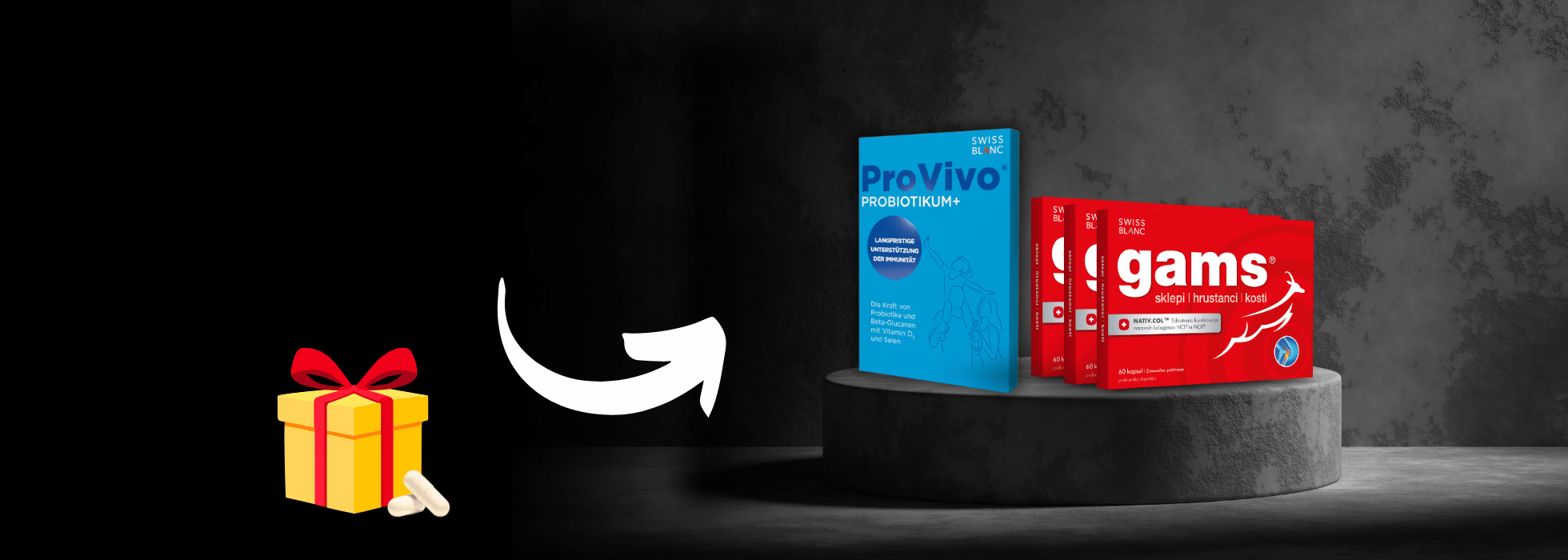Izdelka ProVivo in Divokoza sta postavljena na okrogli podlagi s temnim ozadjem, ob njima pa sta darilna škatlica in dve kapsuli.
