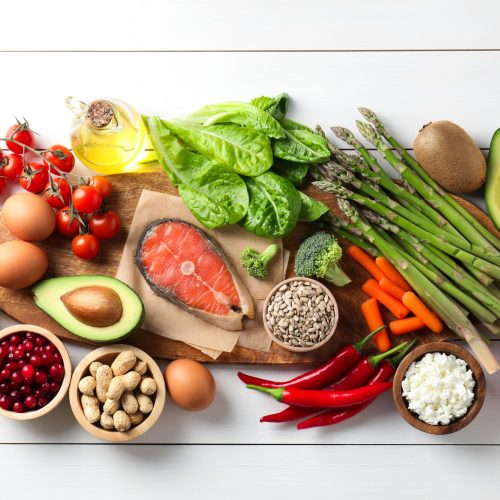 Many,Different,Healthy,Food,On,White,Wooden,Table,,Flat,Lay